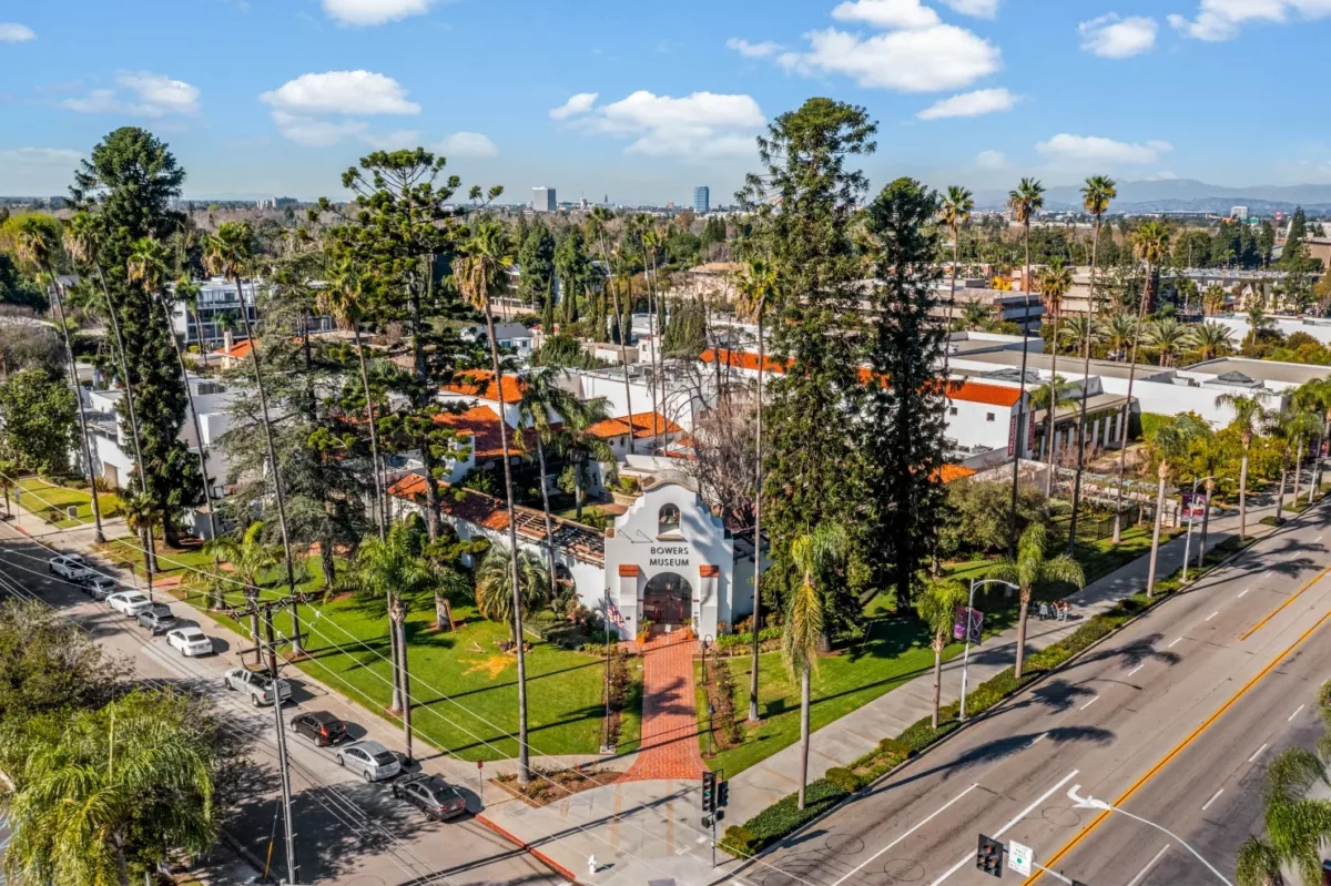 Aerial photo of the exterior of the Bowers Museum