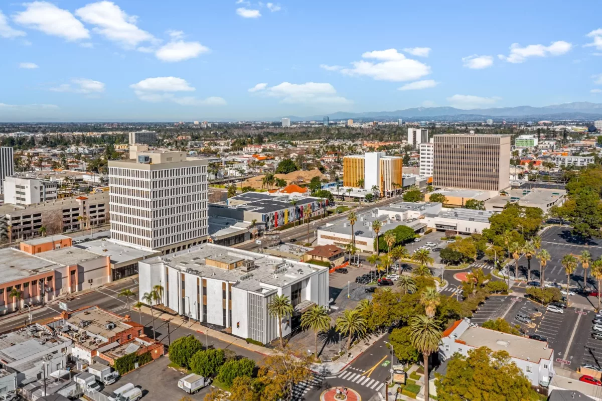 Aerial photo of the Margaret A. Webb Theatre in Downtown Santa Ana