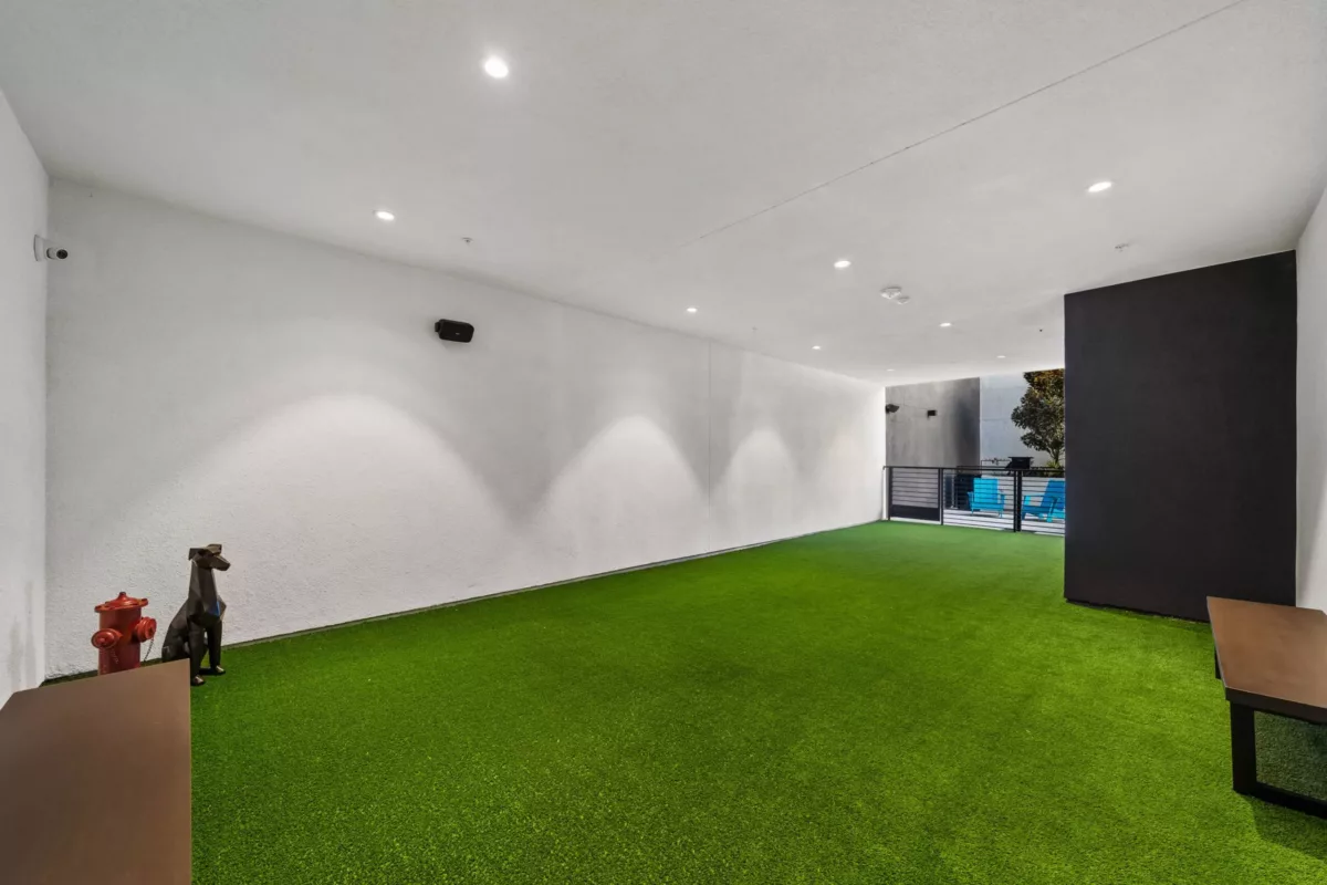 Covered dog run with white walls and green turf that is open to the outside at one end.