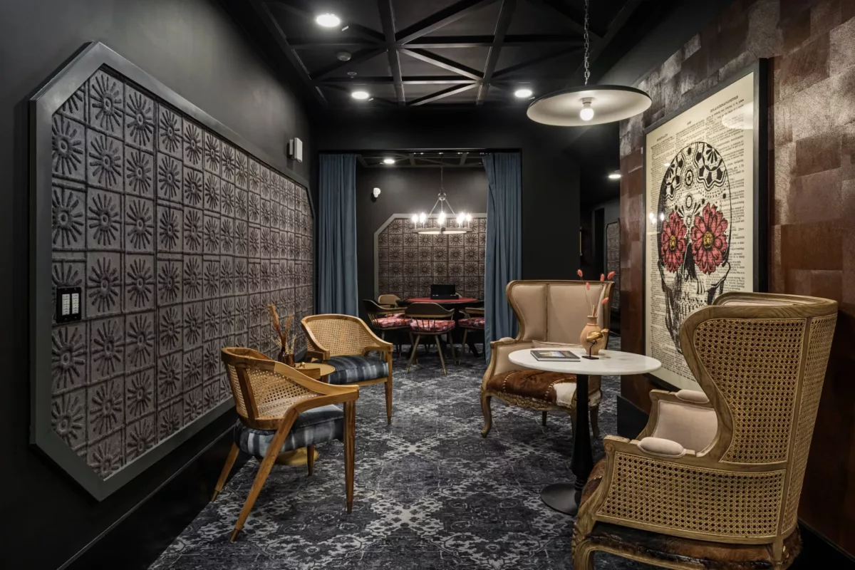 Speakeasy room with dark, lush furniture and fixtures