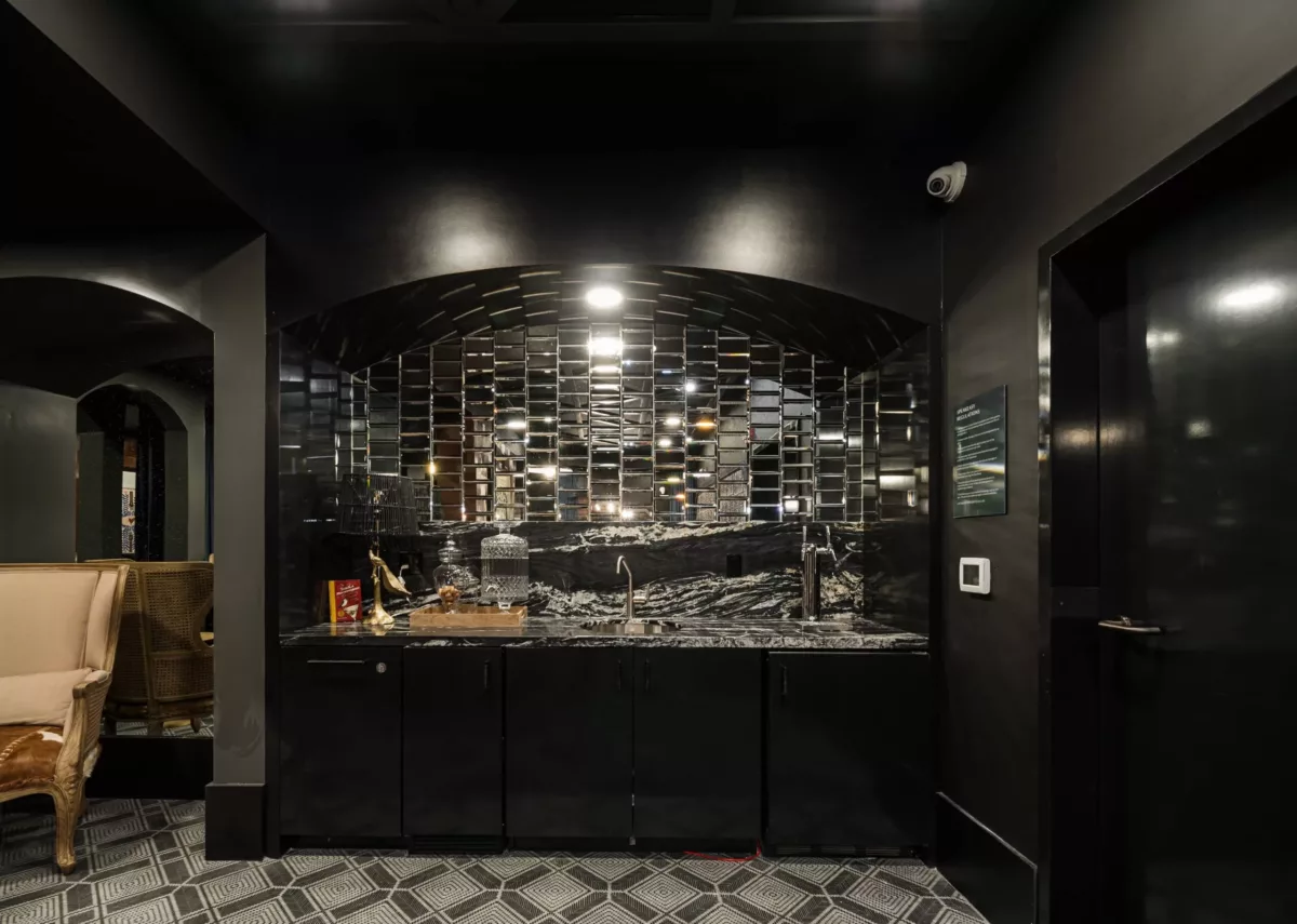 Speakeasy room with dark, lush furniture and fixtures