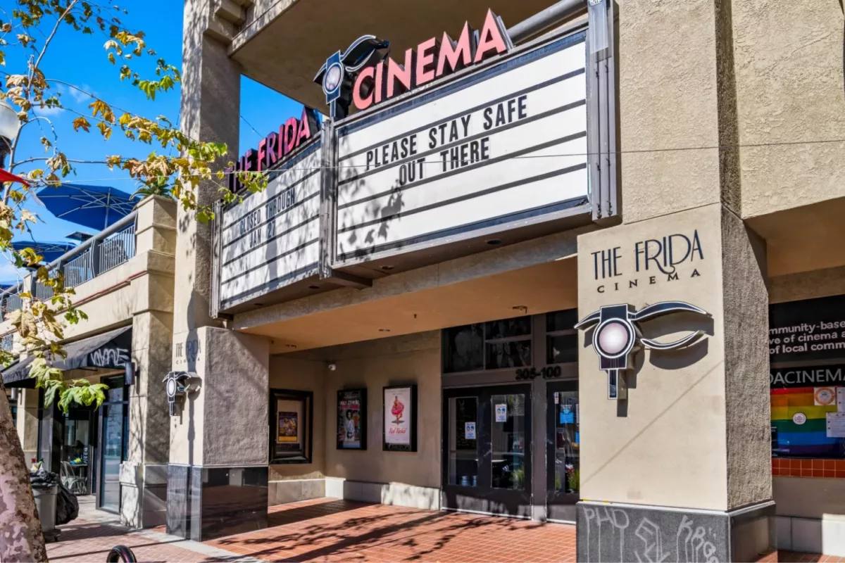 Exterior of The Frida Cinema marquee in Downtown Santa Ana
