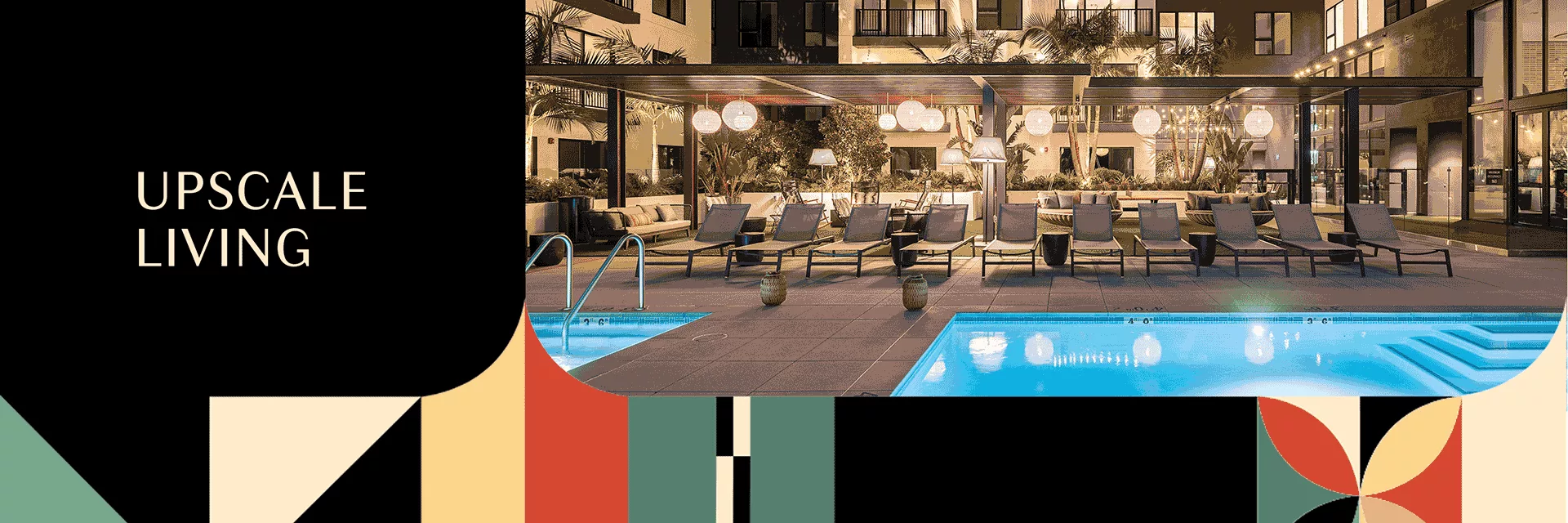 Pool with lounge seating, bright lights, and palm trees surrounding it